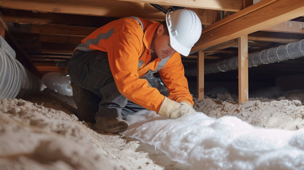 A photo of a technician inspecting existing insulation in a crawl space noting areas that need to be patched or rep for maximum effectiveness.