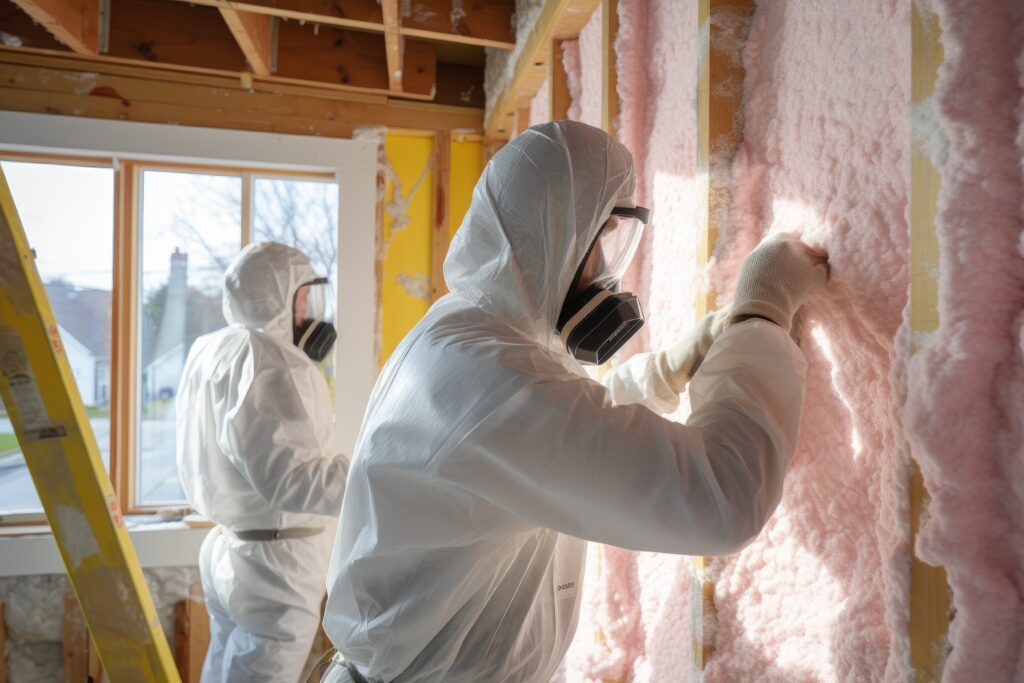 Worker in protective suit painting wall of new house with paint roller, A construction crew installing insulation in the walls of a residential property, AI Generated