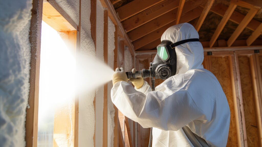 construction spray foam house illustration worker protective, gun walls, expand seal construction spray foam house