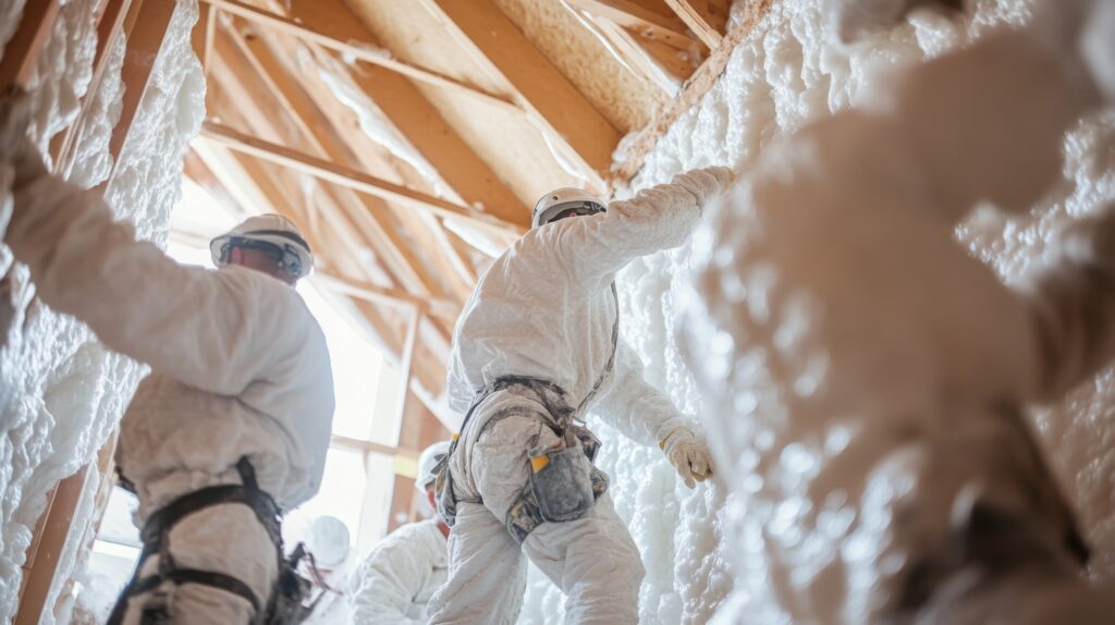 Construction Workers Applying Foam Insulation in an Attic Space